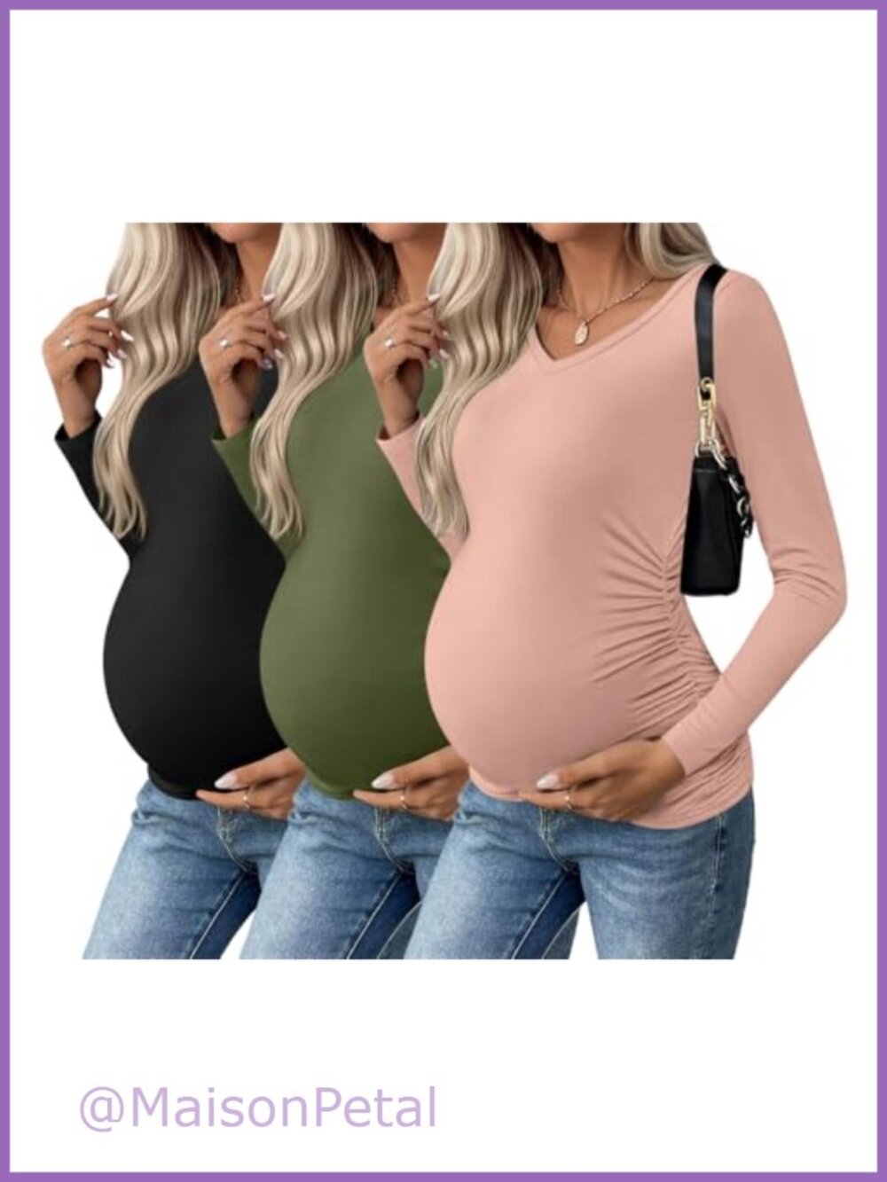 Maternity Long Sleeve V-Neck Tops 3 Pack Side Ruched Pregnancy Shirts
